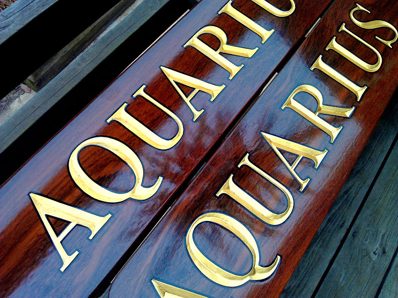 Teak Yacht Signs; Hand Carved Quarterboards for Aquarius