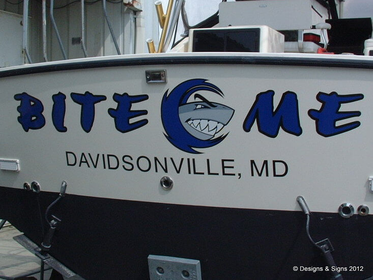 Vinyl Boat Name; a Fishing Boat Name on Bite Me.