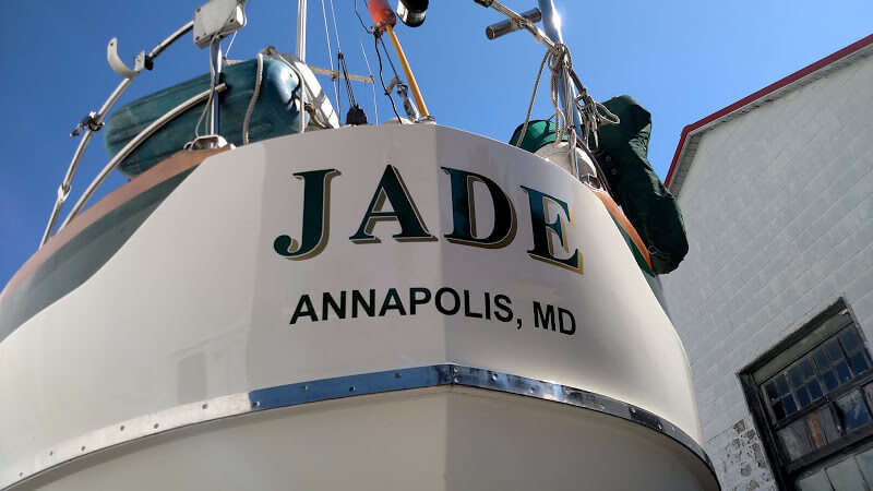 Custom Boat Lettering, a Great Looking Sailboat Name on Jade.