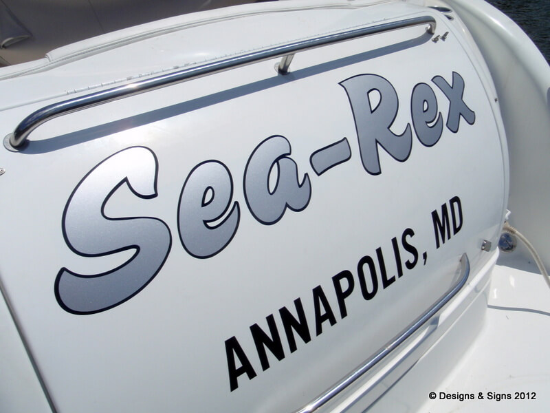 Custom Boat Lettering, a Silver Boat Name on Sea-Rex.
