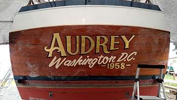 Gold Leaf Yacht Lettering for Audrey, a Classic Yacht.