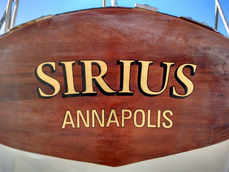 Gold Leaf Sailboat Name, Gilded Transom Lettering for Sirius.