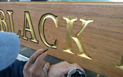Carved Teak Nameboard: Gold Leaf Letters Outlined by Hand