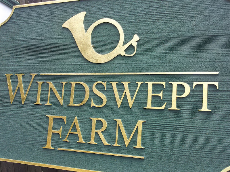sand carved sign for Windswept Farm with gold leaf letters, border and horn