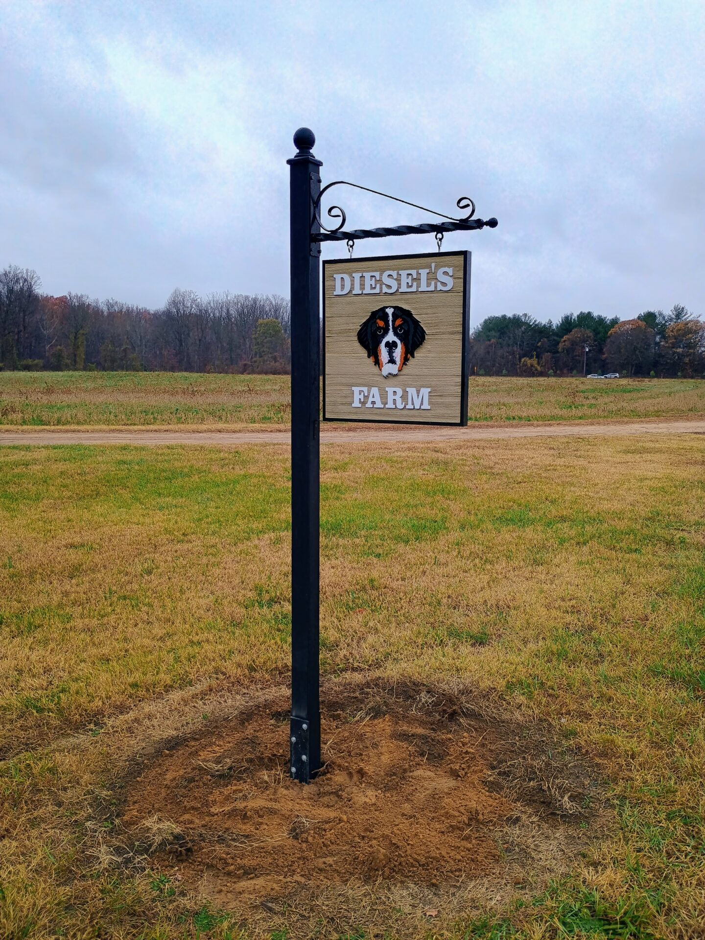 Diesel's Farm sign hanging from iron bracket at the farm entrance