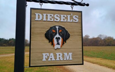 Cedar Farm Sign: Sandblasted with a Painted Dog Portrait