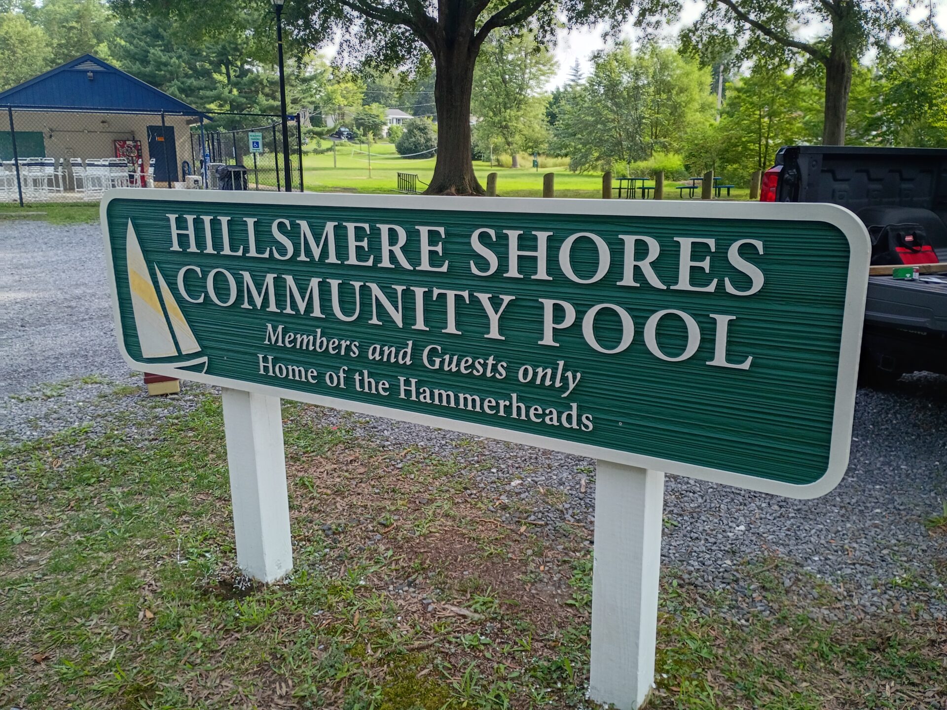 Hillsmere Shores community pool sign in routed HDU with gold leaf sailboat
