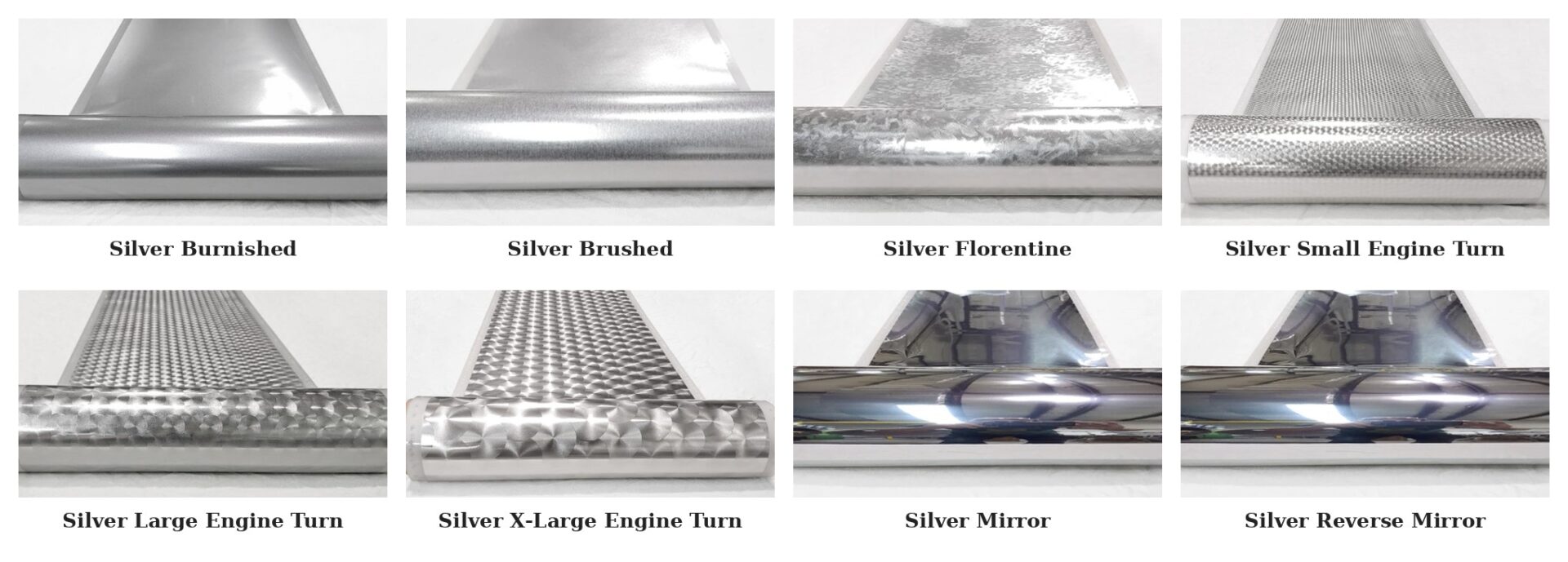 Silver leaf film finishes: burnished, brushed, Florentine, engine turn and mirror rolls